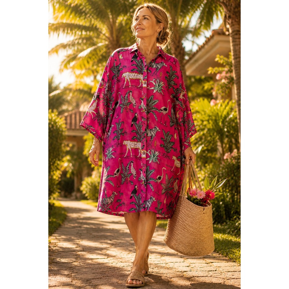 Gypsie Blu XL Pink Safari Animal Print Kaftan Dress Zebra Leopard Tropical